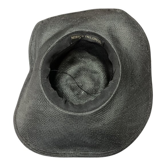 Vtg Whittall & Shon Black Wide-Brim Hat with Gold Sequin Crown & Studded Band - Picture 3 of 4